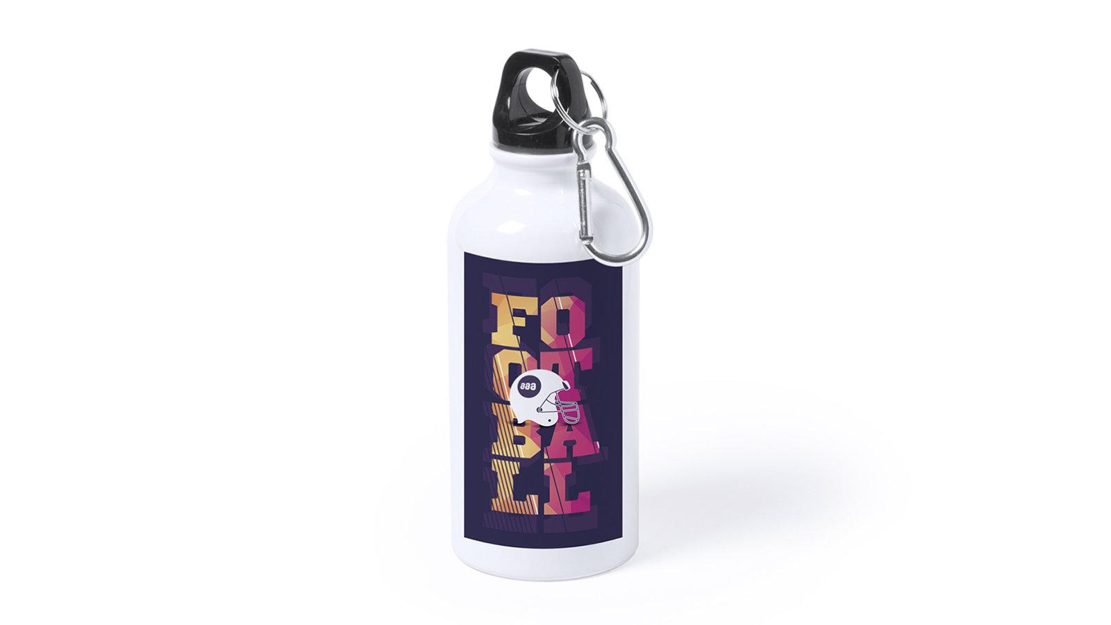 Cantimplora compacta de 400ml en color blanco con mosquetón metálico, diseñada para sublimación.