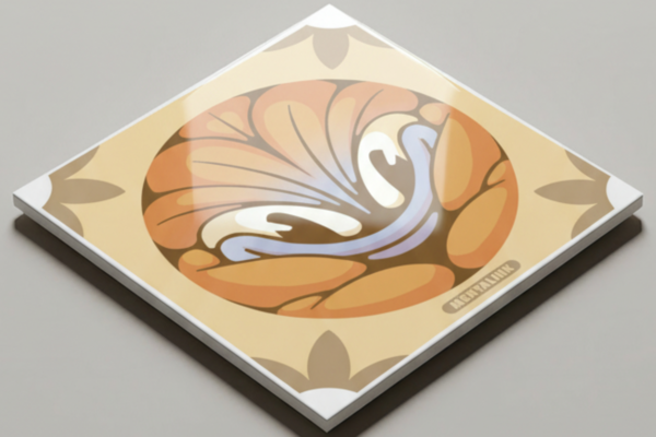 Primer plano de azulejo sublimado mostrando la textura cerámica, acabado brillante y fidelidad de colores en la impresión artíst